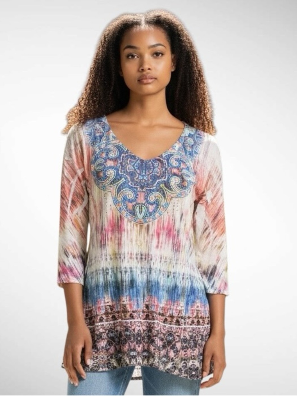 World Unity Eastern Print Tunic Studded V-Neck 3/4-Sleeves